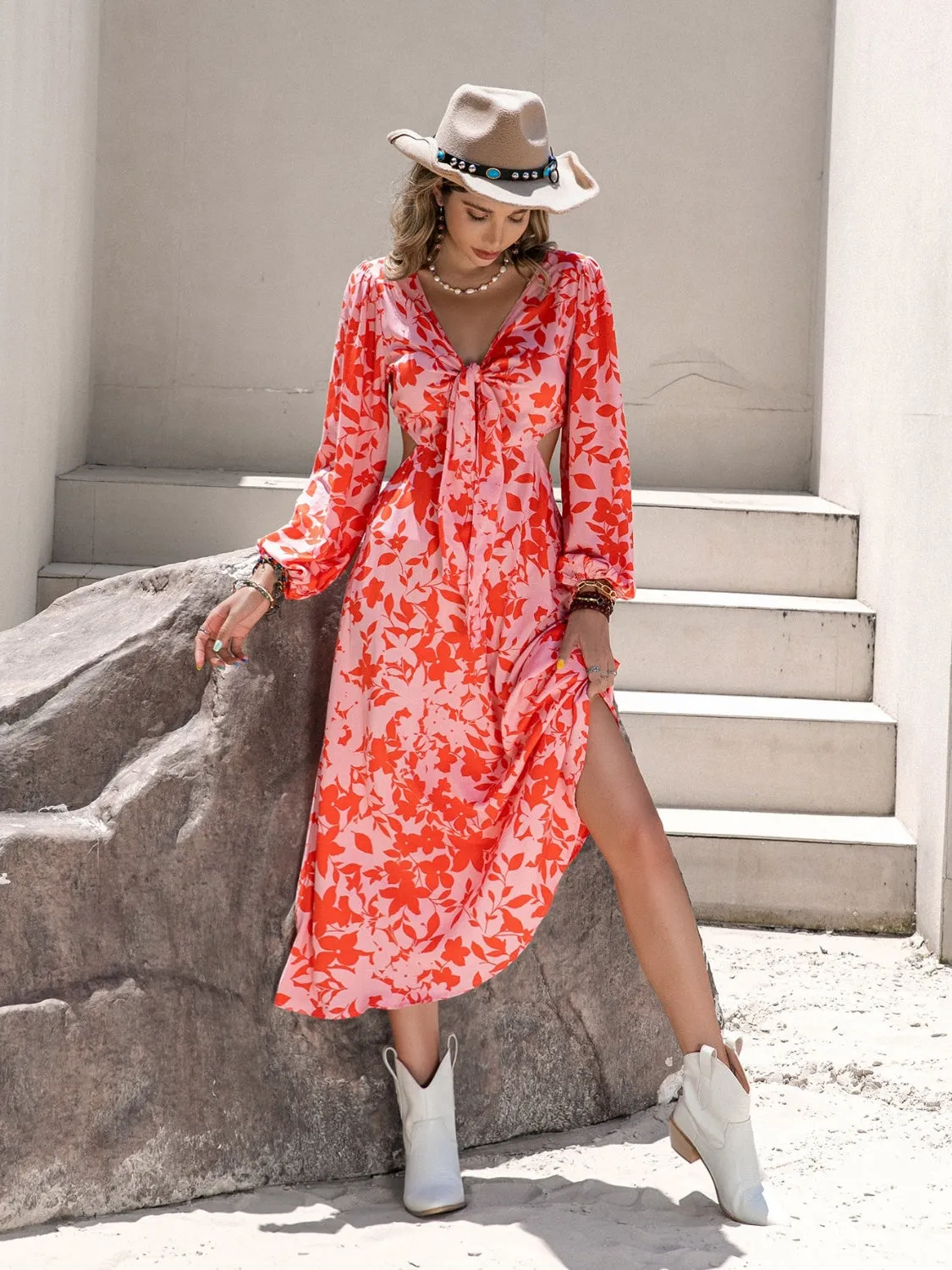 🌸 Tied Cutout Printed Long Sleeve Midi Dress 🌸