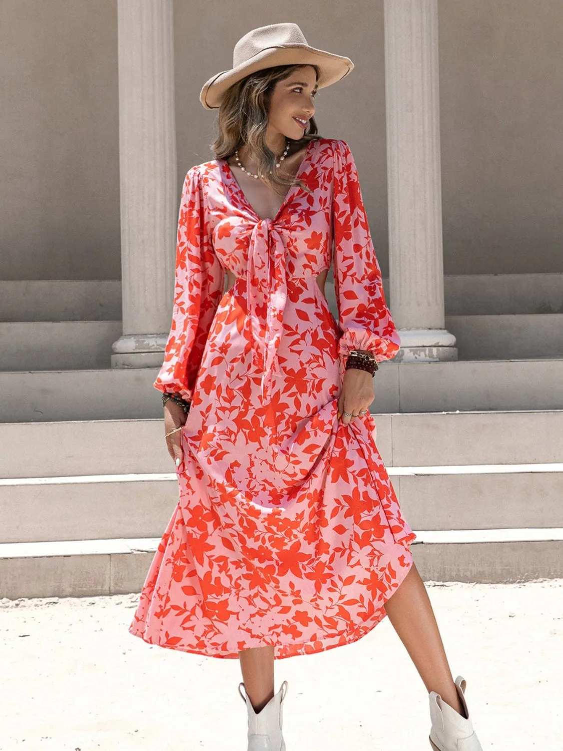 🌸 Tied Cutout Printed Long Sleeve Midi Dress 🌸