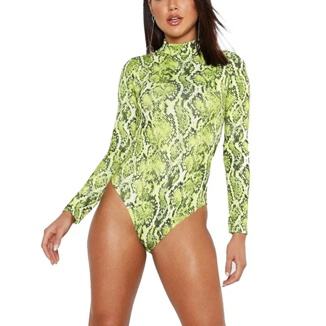 2021 Sexy Female Snake Print One Piece Swimsuit Long Sleeve Bodysuit Swimwear Sizes S - 2XL