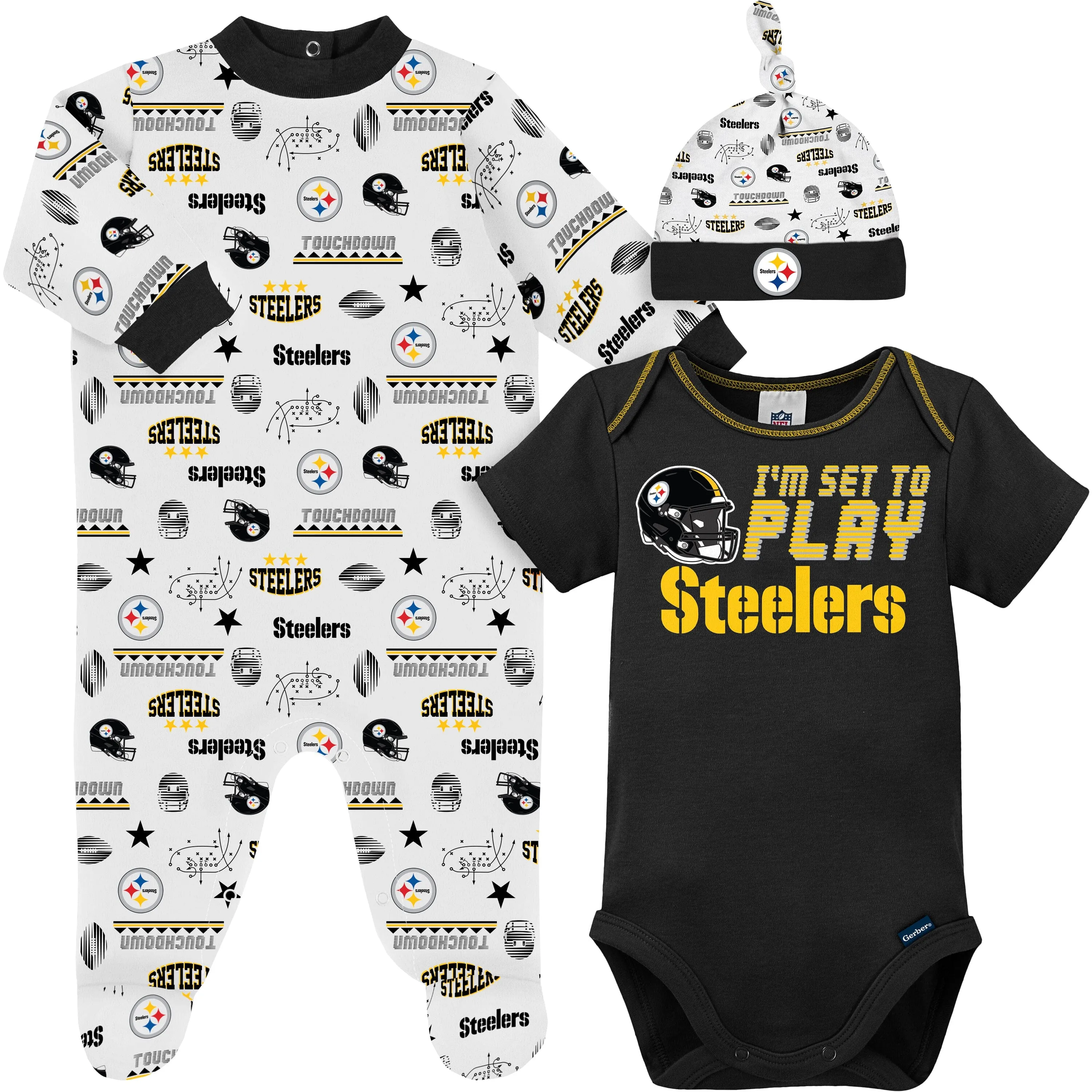 3-Piece Baby Boys Pittsburgh Steelers Bodysuit, Sleep 'N Play, and Cap Set