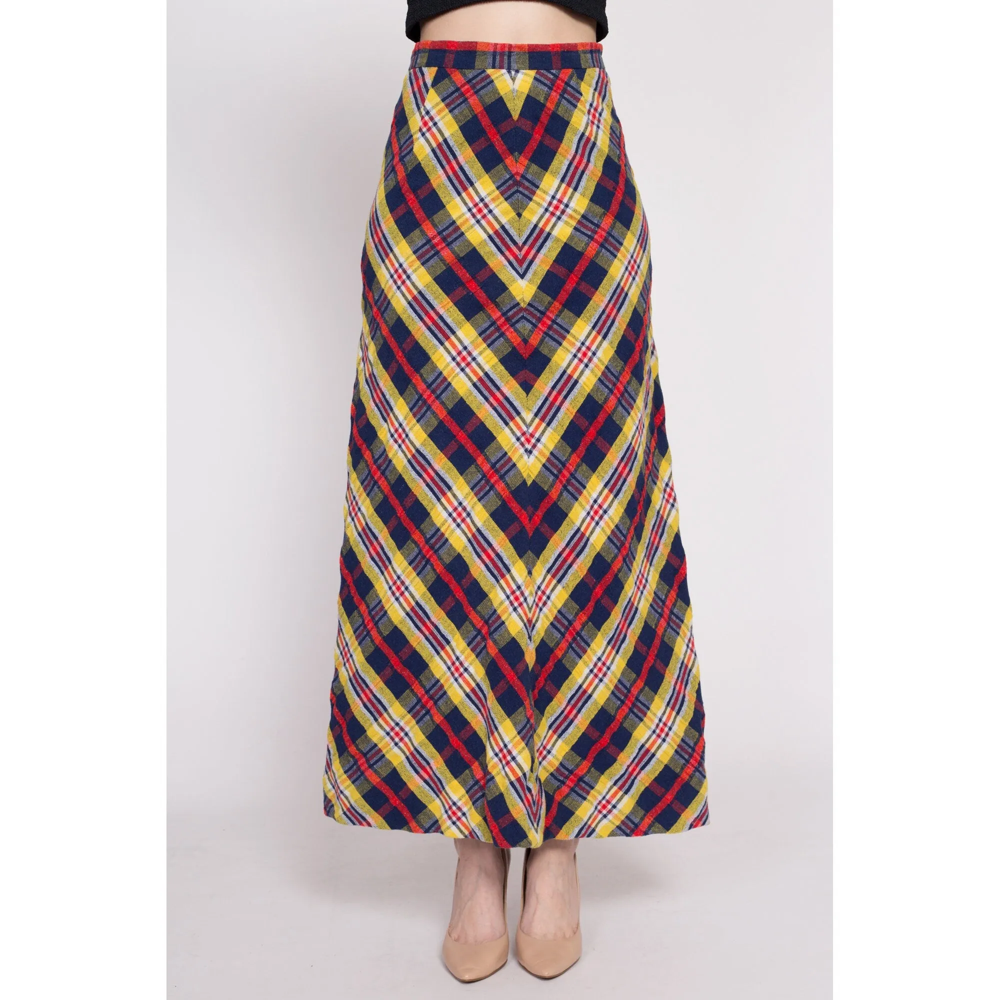 70s Plaid A-Line Maxi Skirt - Small, 27"