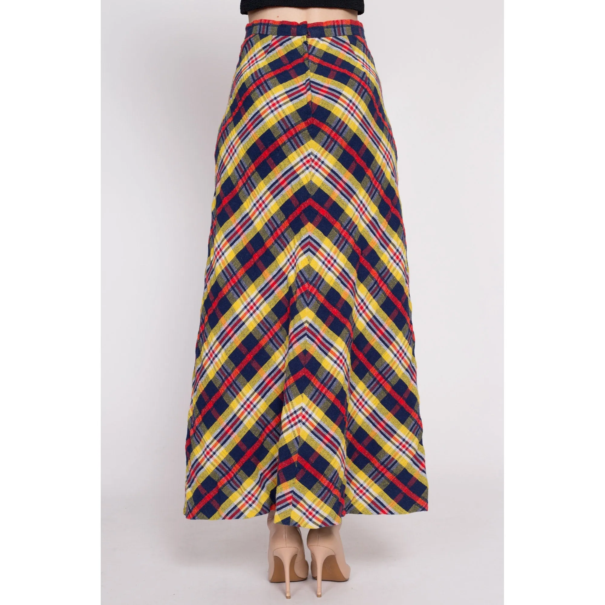 70s Plaid A-Line Maxi Skirt - Small, 27"