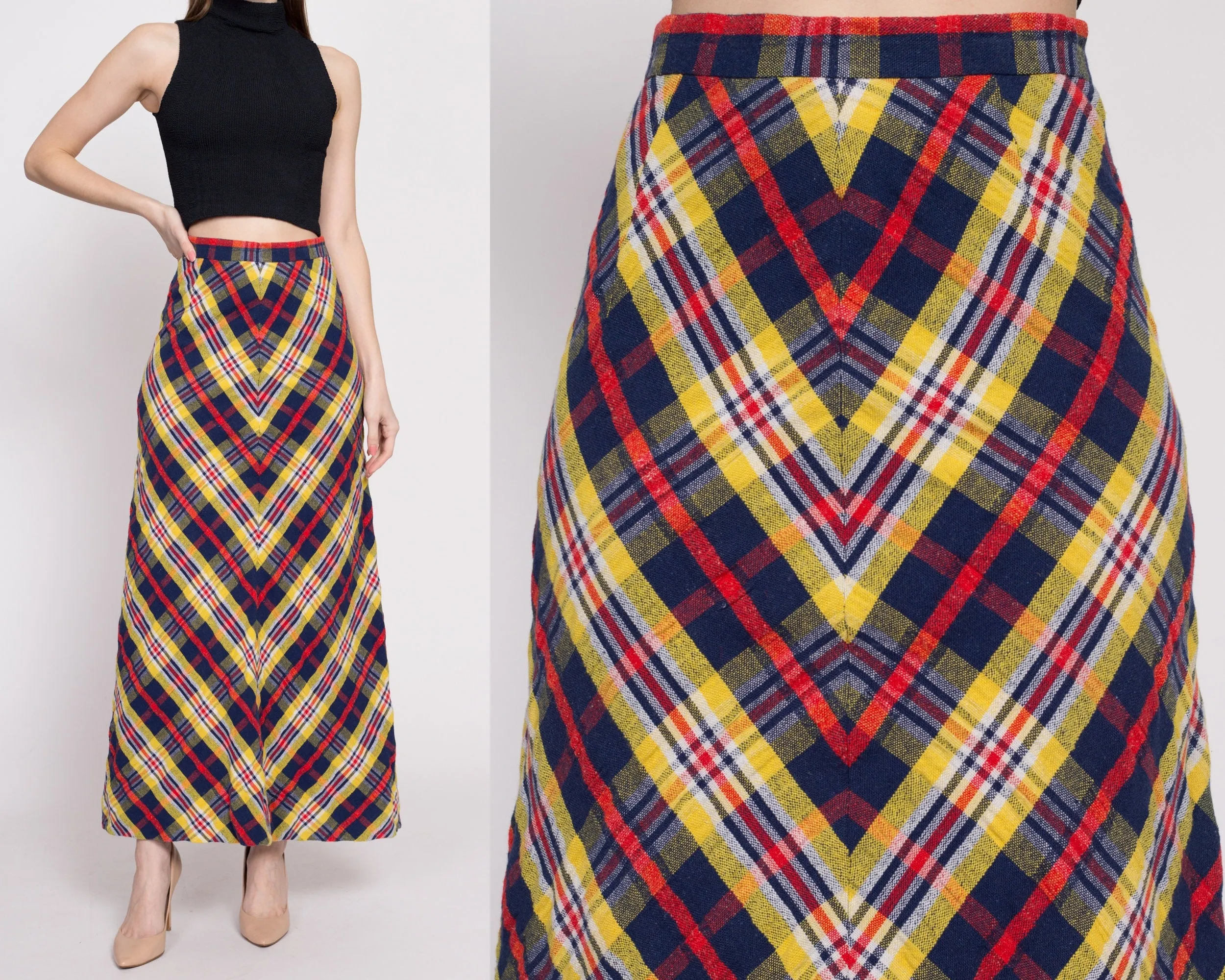 70s Plaid A-Line Maxi Skirt - Small, 27"