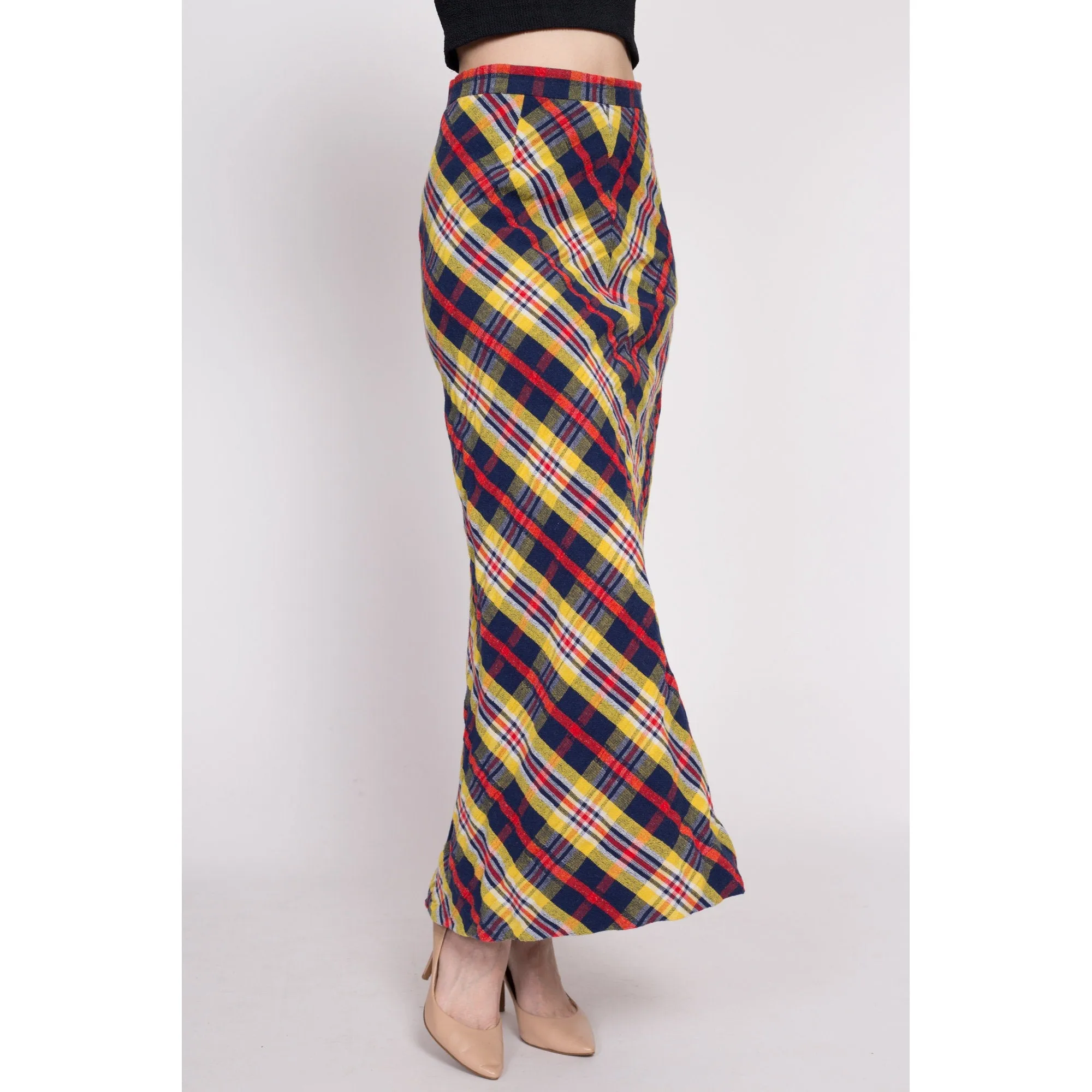 70s Plaid A-Line Maxi Skirt - Small, 27"