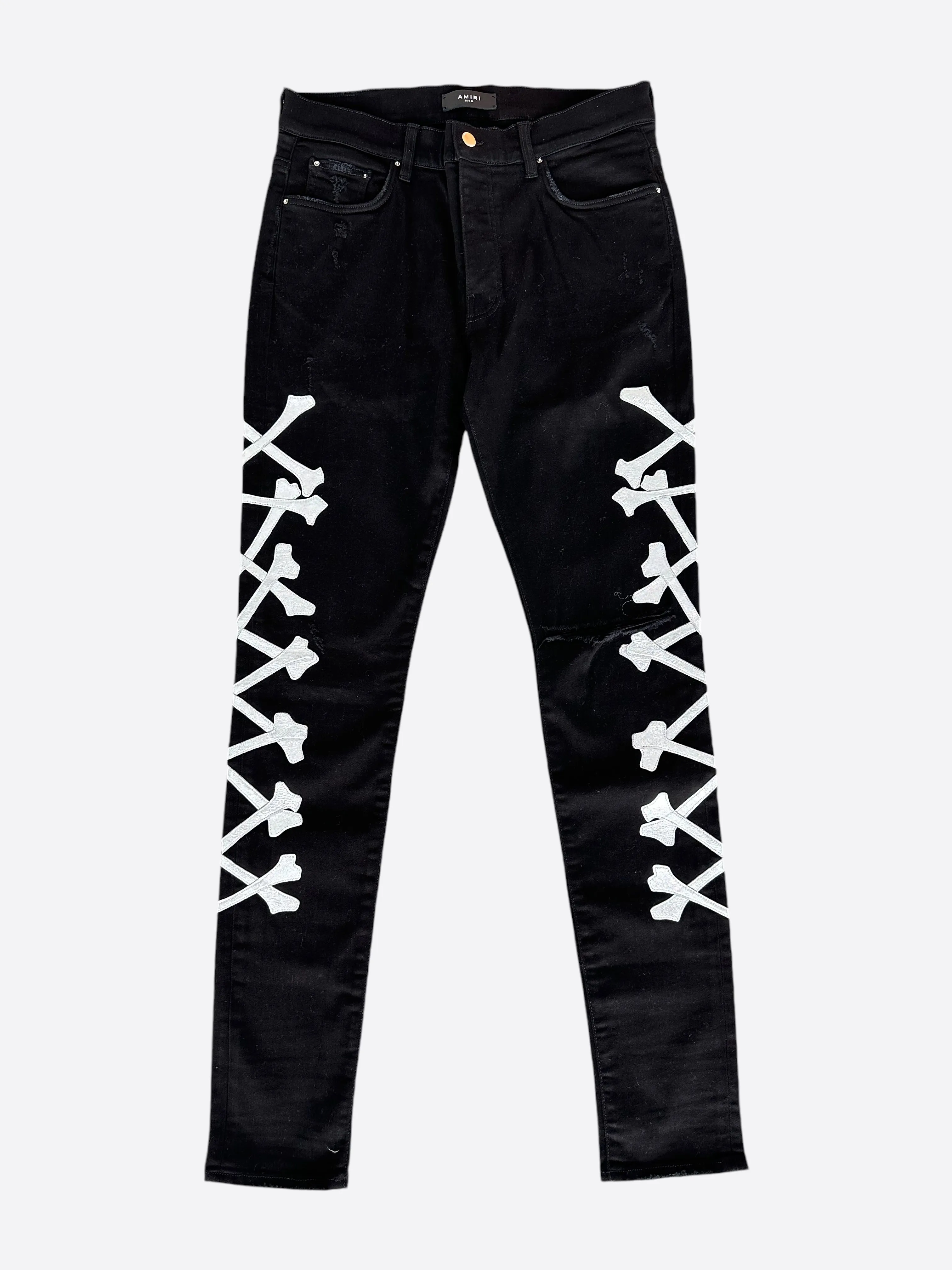 Amiri Black & Silver Bones Applique Distressed Jeans