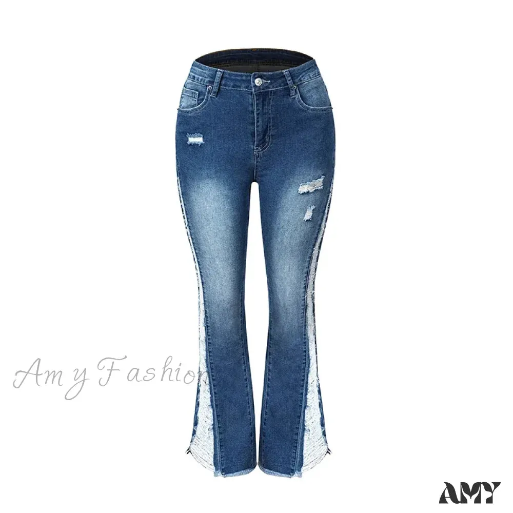 Amy Fashion - 2024 Stretch Women's Fashion Leg Side Hole Flare High Waist Sexy Fringe Ripped Hollow Denim Streetwear Trouser Jean