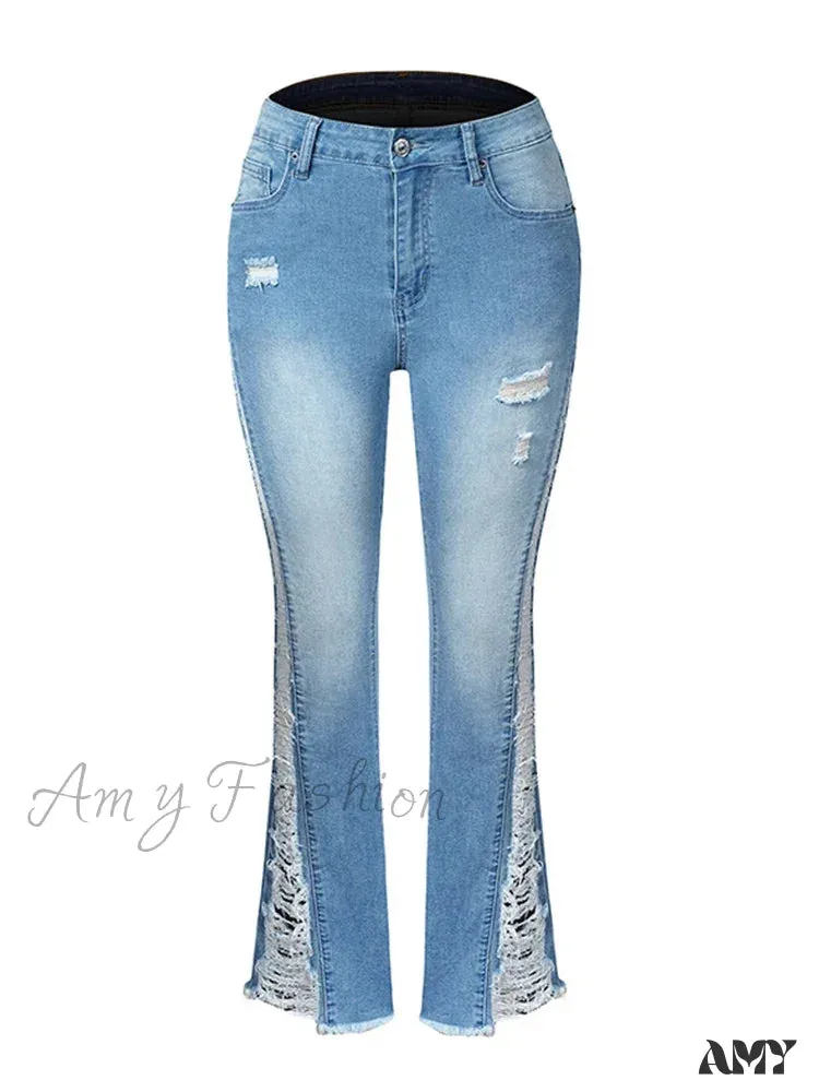 Amy Fashion - 2024 Stretch Women's Fashion Leg Side Hole Flare High Waist Sexy Fringe Ripped Hollow Denim Streetwear Trouser Jean