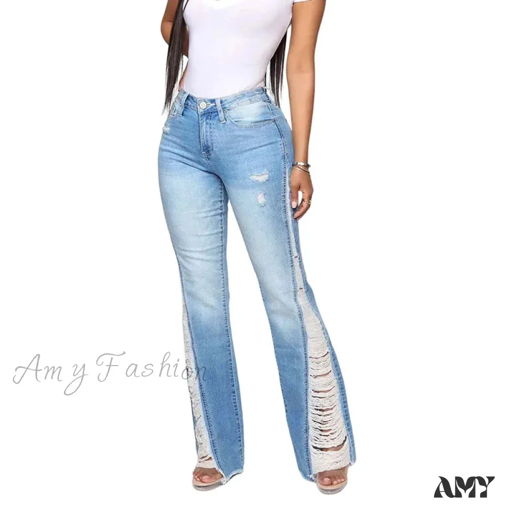 Amy Fashion - 2024 Stretch Women's Fashion Leg Side Hole Flare High Waist Sexy Fringe Ripped Hollow Denim Streetwear Trouser Jean