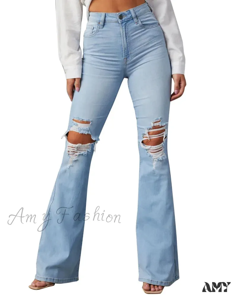 Amy Fashion - High Waist Flare for Women Fashion Ripped Distressed Denim Woman Bottom Streetwear Ladies Jean