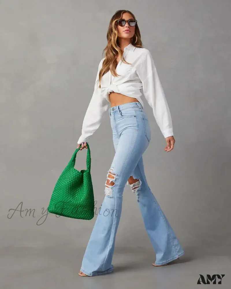 Amy Fashion - High Waist Flare for Women Fashion Ripped Distressed Denim Woman Bottom Streetwear Ladies Jean