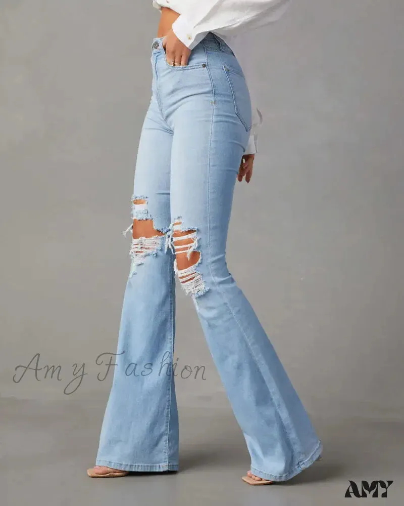 Amy Fashion - High Waist Flare for Women Fashion Ripped Distressed Denim Woman Bottom Streetwear Ladies Jean