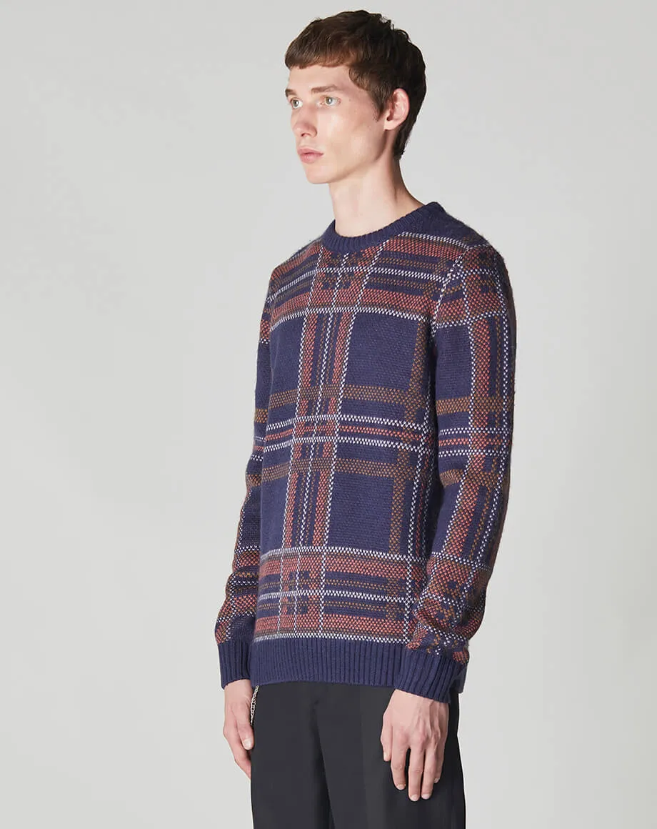 AUSTEN CHECK KNIT CREW NECK MENS JUMPER | NAVY