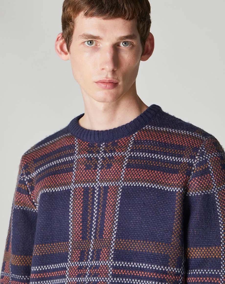 AUSTEN CHECK KNIT CREW NECK MENS JUMPER | NAVY