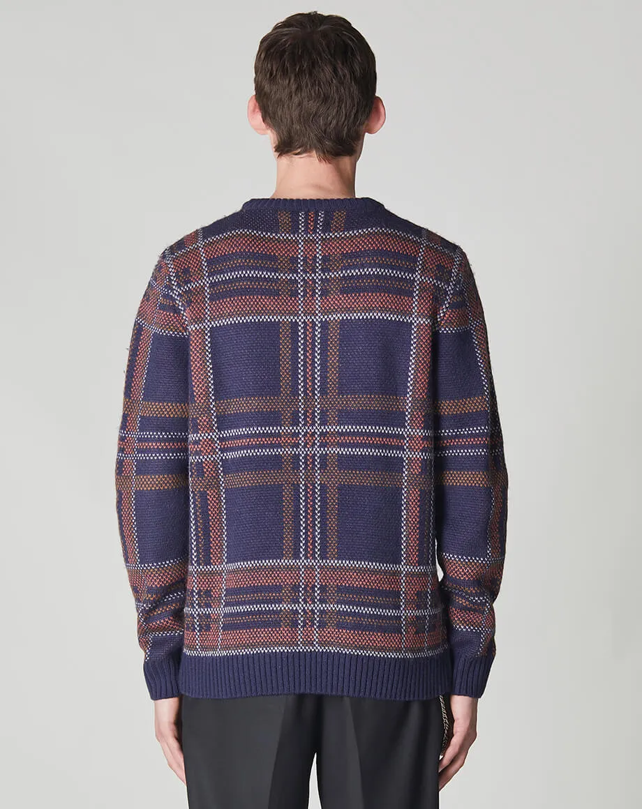 AUSTEN CHECK KNIT CREW NECK MENS JUMPER | NAVY