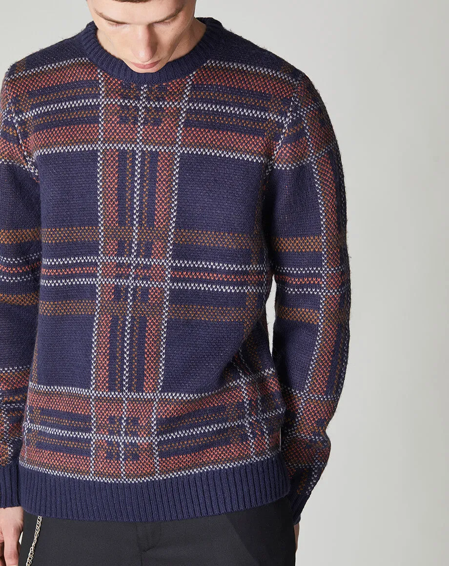 AUSTEN CHECK KNIT CREW NECK MENS JUMPER | NAVY