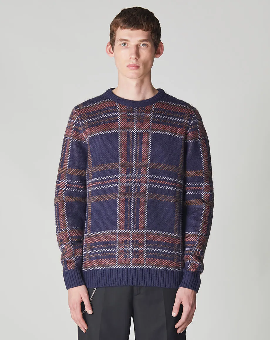 AUSTEN CHECK KNIT CREW NECK MENS JUMPER | NAVY