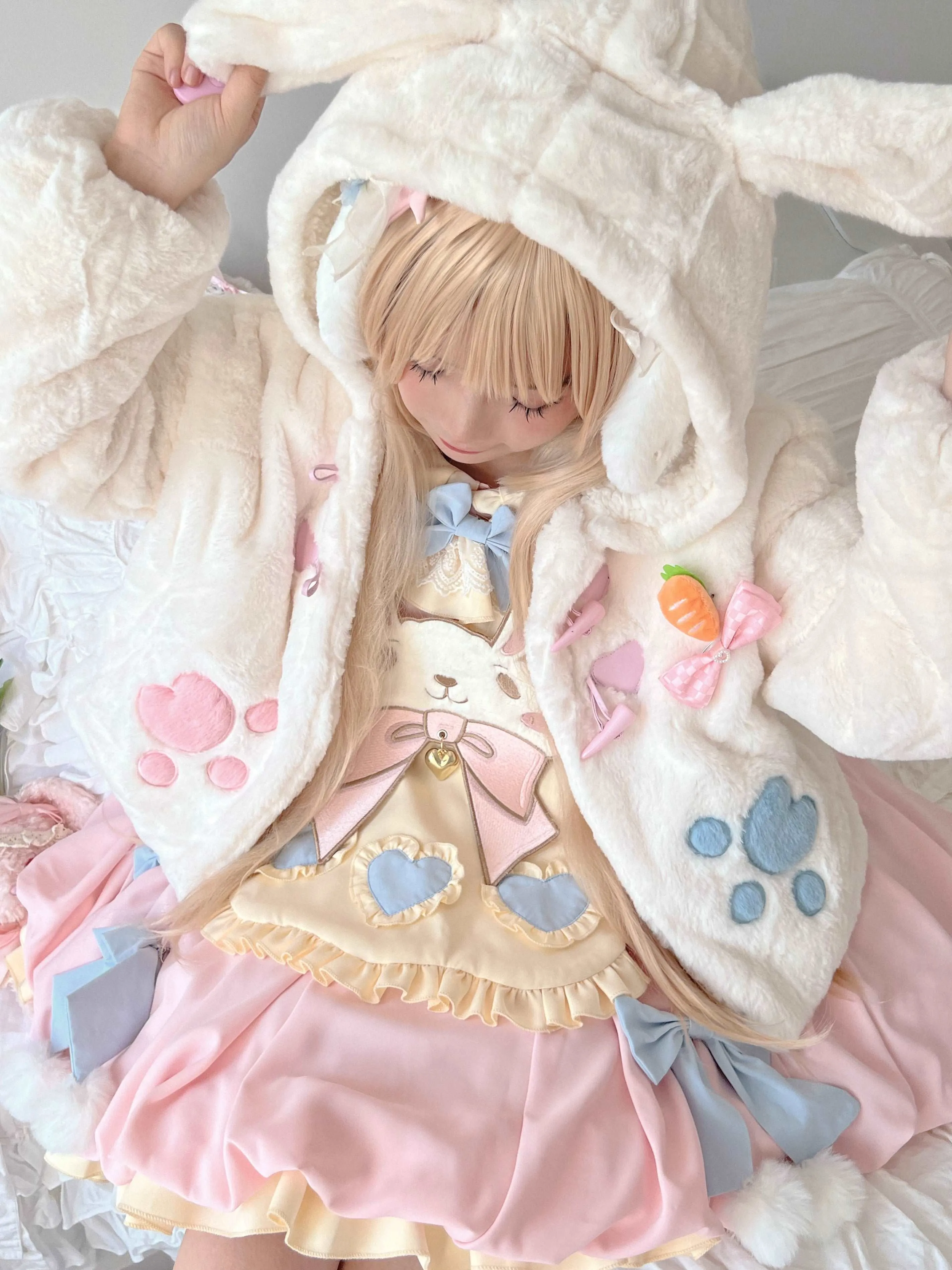 Autumn Winter Velvet Plush Rabbit Bunny Ears Blue Pink Paw White Jacket Coat