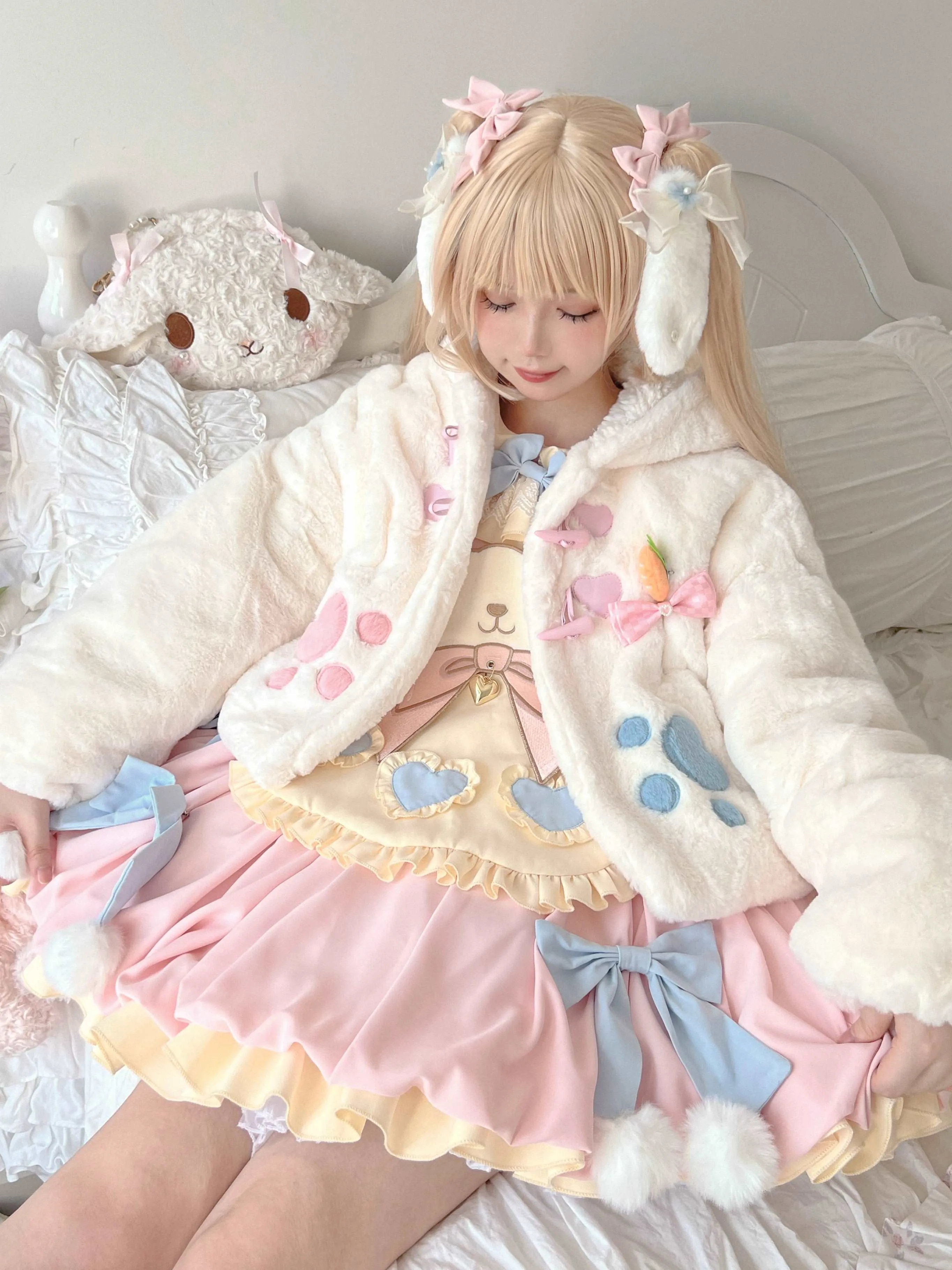 Autumn Winter Velvet Plush Rabbit Bunny Ears Blue Pink Paw White Jacket Coat