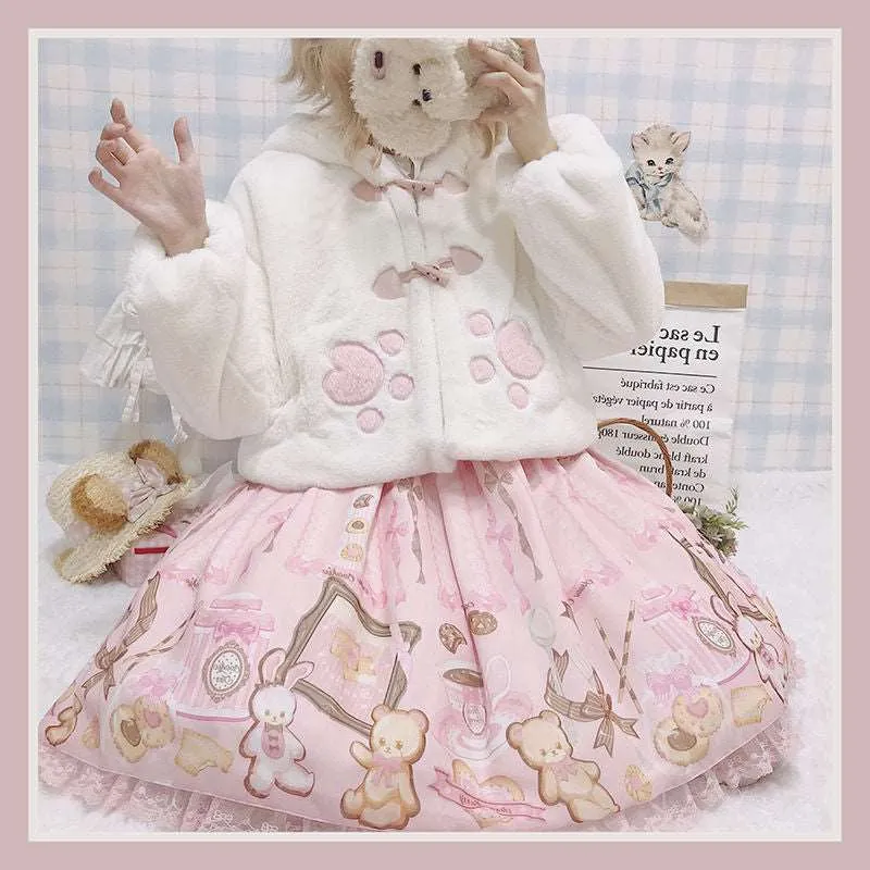 Autumn Winter Velvet Plush Rabbit Bunny Ears Blue Pink Paw White Jacket Coat