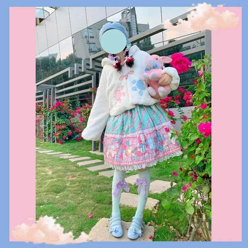 Autumn Winter Velvet Plush Rabbit Bunny Ears Blue Pink Paw White Jacket Coat