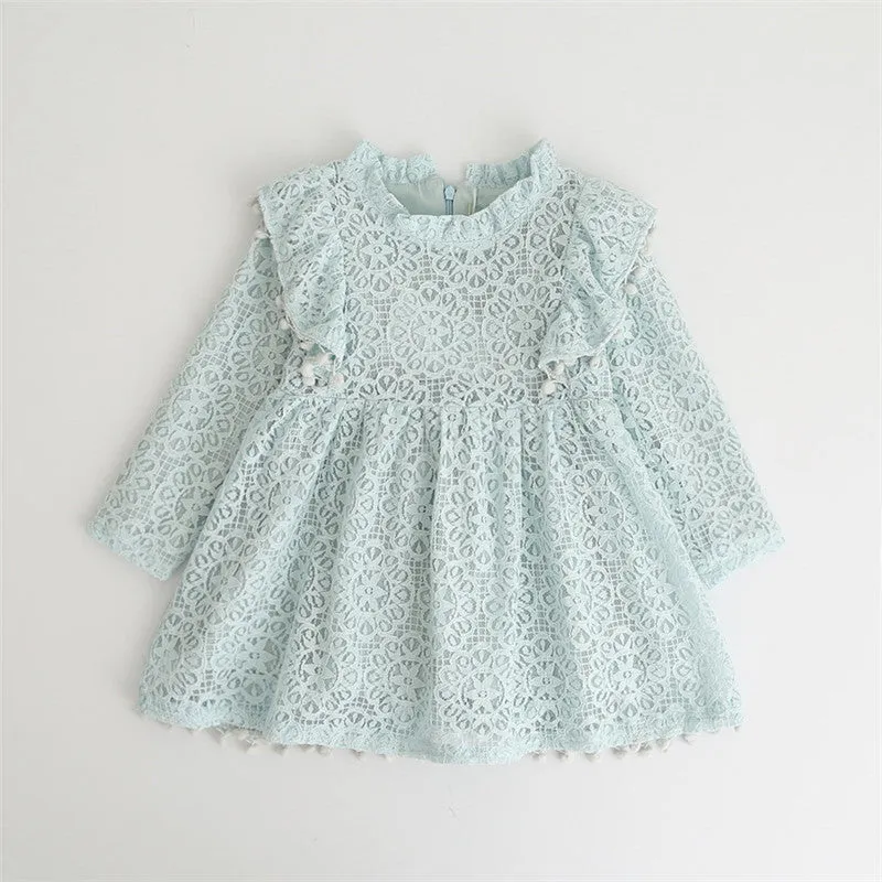 Baby Girl Long Sleeve Lace Pom Pom Dress 3 Colors