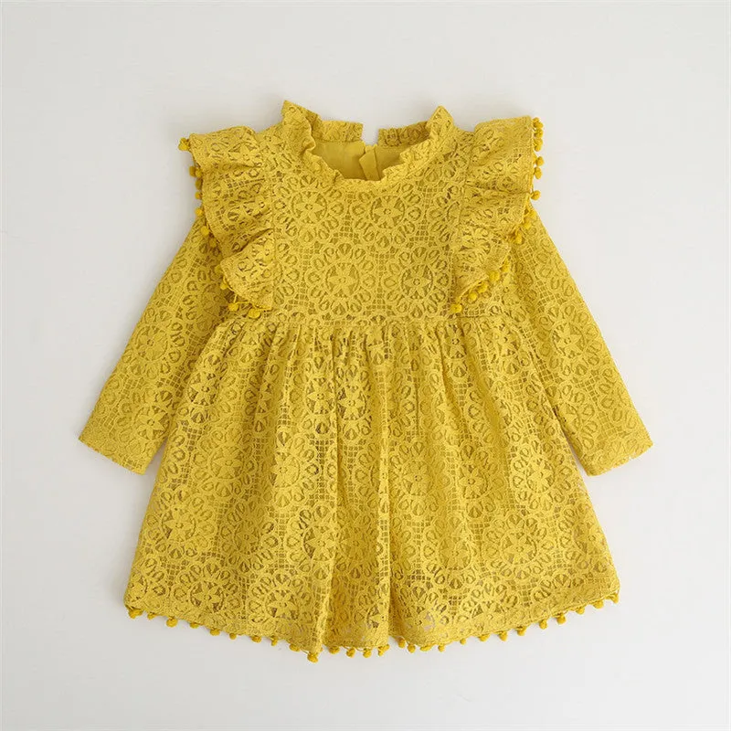 Baby Girl Long Sleeve Lace Pom Pom Dress 3 Colors