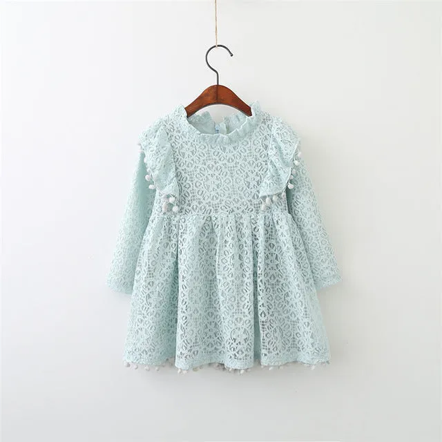 Baby Girl Long Sleeve Lace Pom Pom Dress 3 Colors