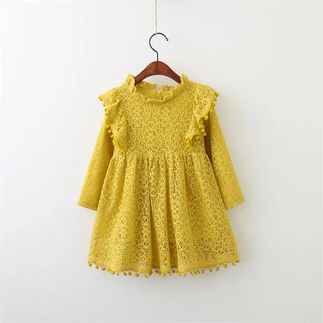 Baby Girl Long Sleeve Lace Pom Pom Dress 3 Colors