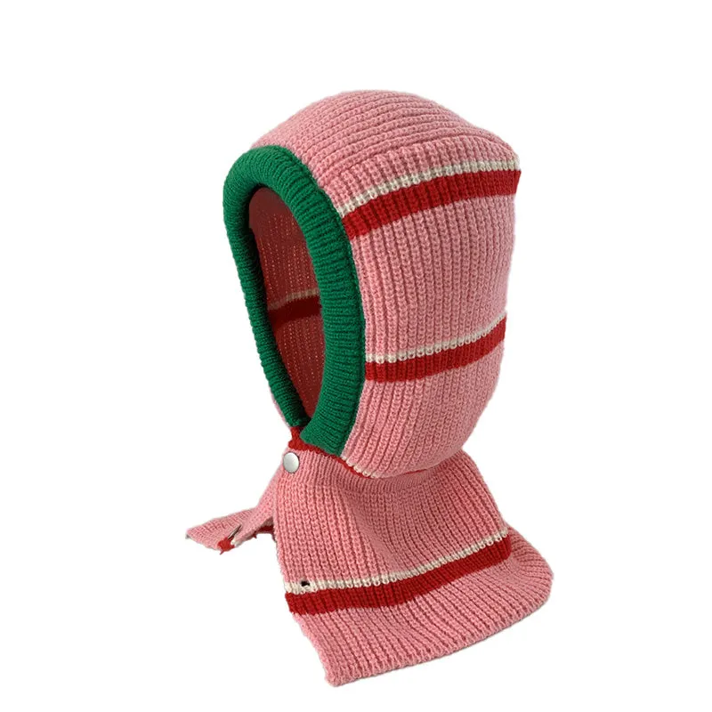 Balaklafa Stripe Pullover Warm Knit Beanie Pink Hat Scarf