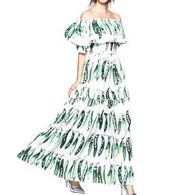 Beans Print Off Shoulder Ruffle Long Dress