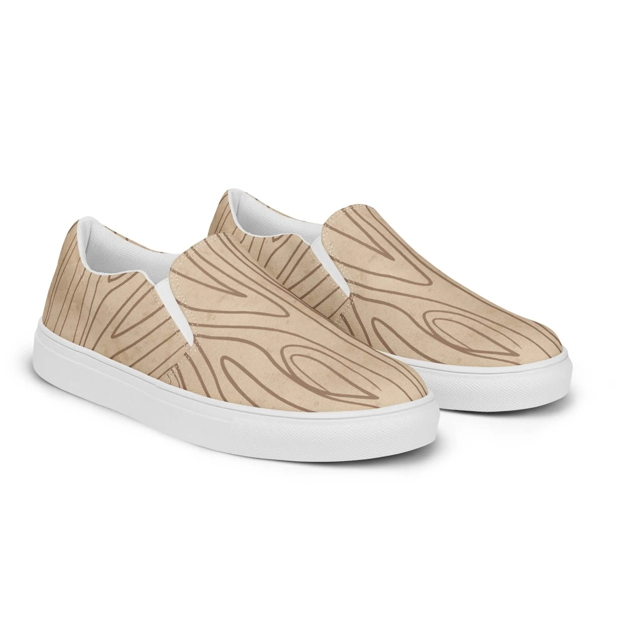 Beige and Brown Tree Sketch Slip-On Canvas Shoes for Women