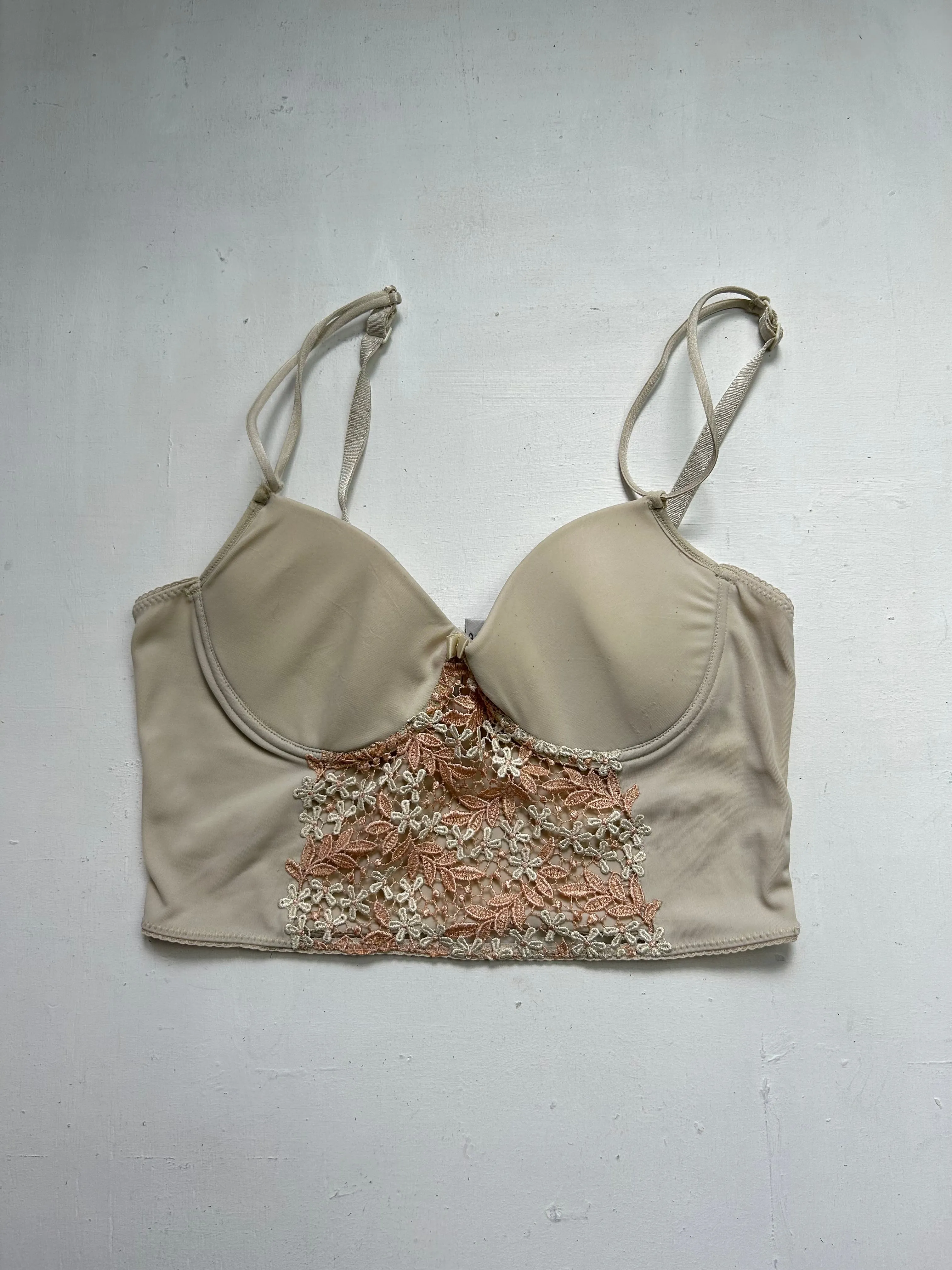 Beige lace embroidered padded crop top lingerie bra (S)