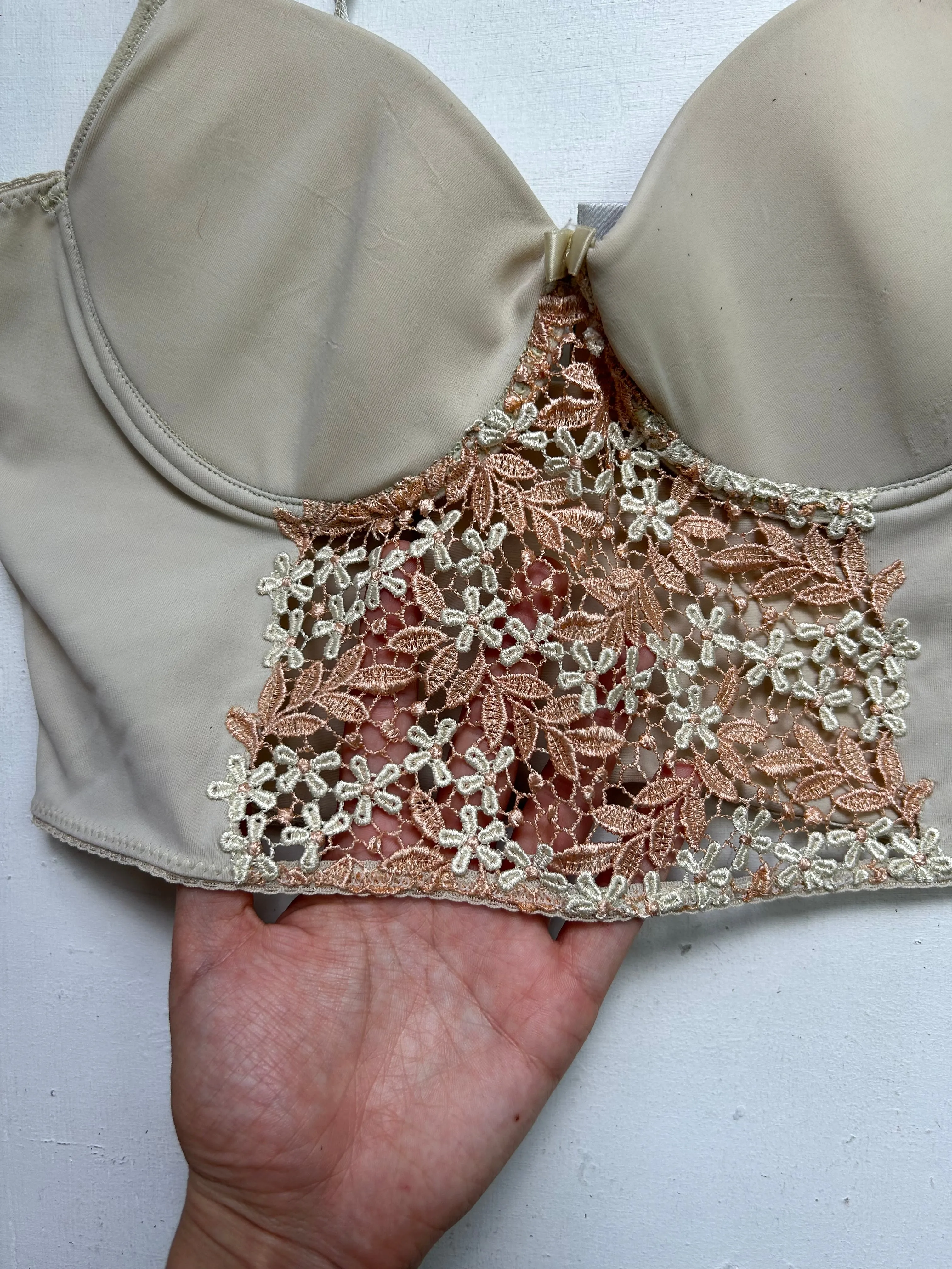 Beige lace embroidered padded crop top lingerie bra (S)