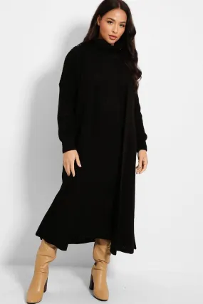 BLACK CABLE KNIT ROLL NECK MAXI DRESS & CARDIGAN SET