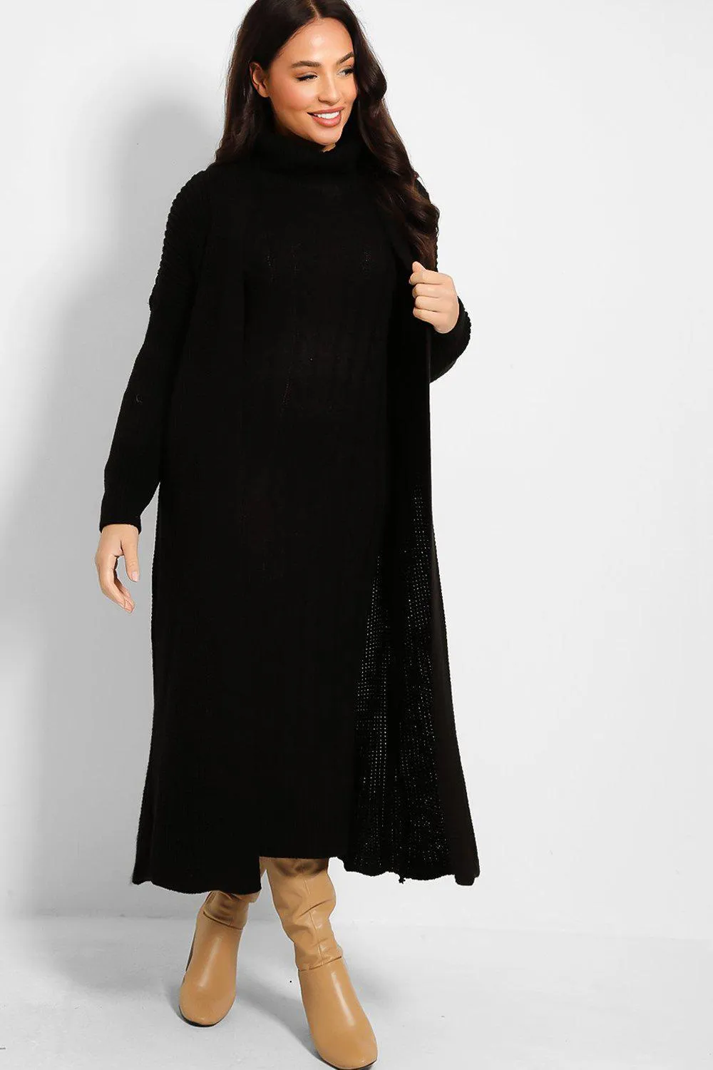 BLACK CABLE KNIT ROLL NECK MAXI DRESS & CARDIGAN SET