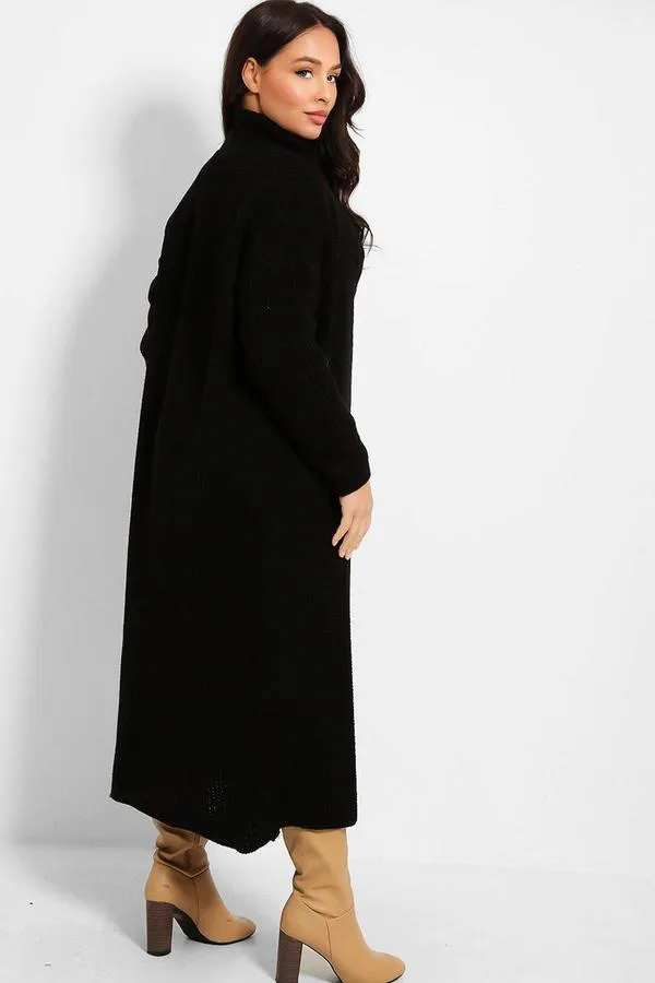 BLACK CABLE KNIT ROLL NECK MAXI DRESS & CARDIGAN SET