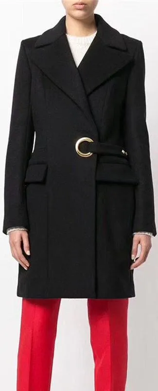 Black Cashmere & Wool Coat with Belted Large Eyelet