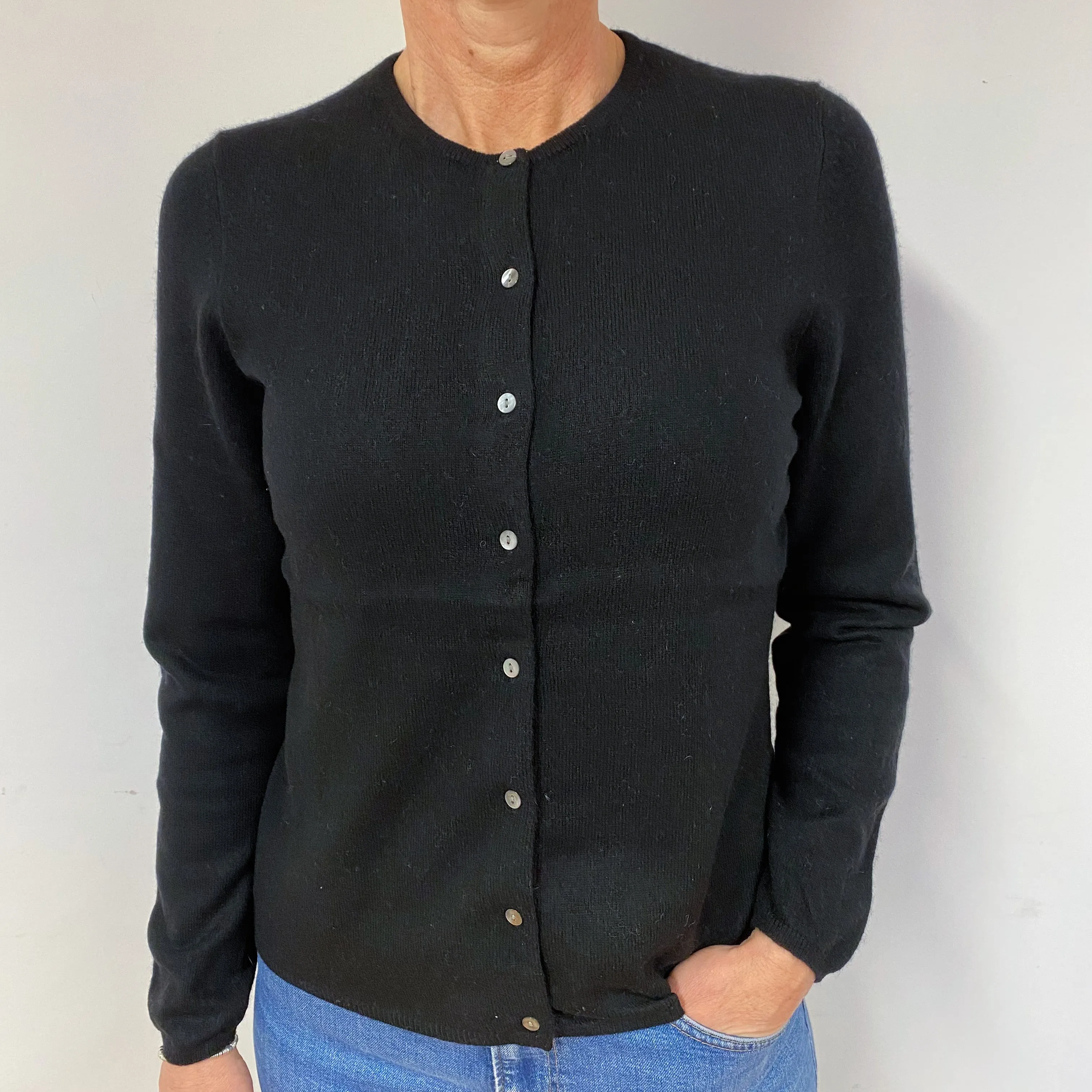 Black Cashmere Crew Neck Cardigan Medium/Petite