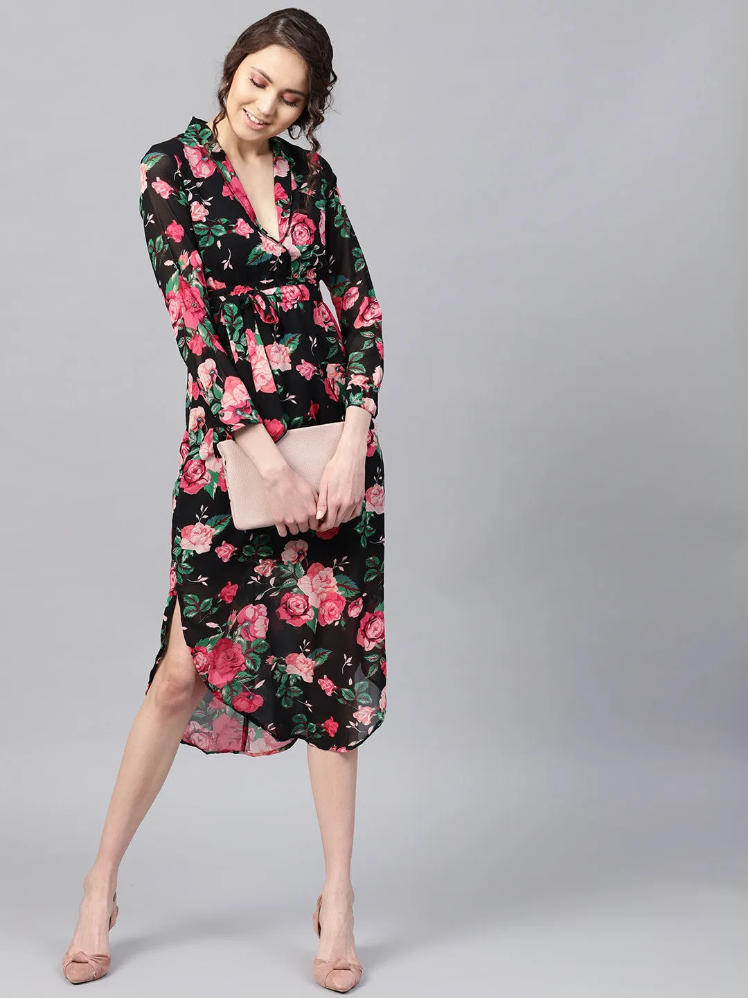 Black Floral Belted Maxi Dress