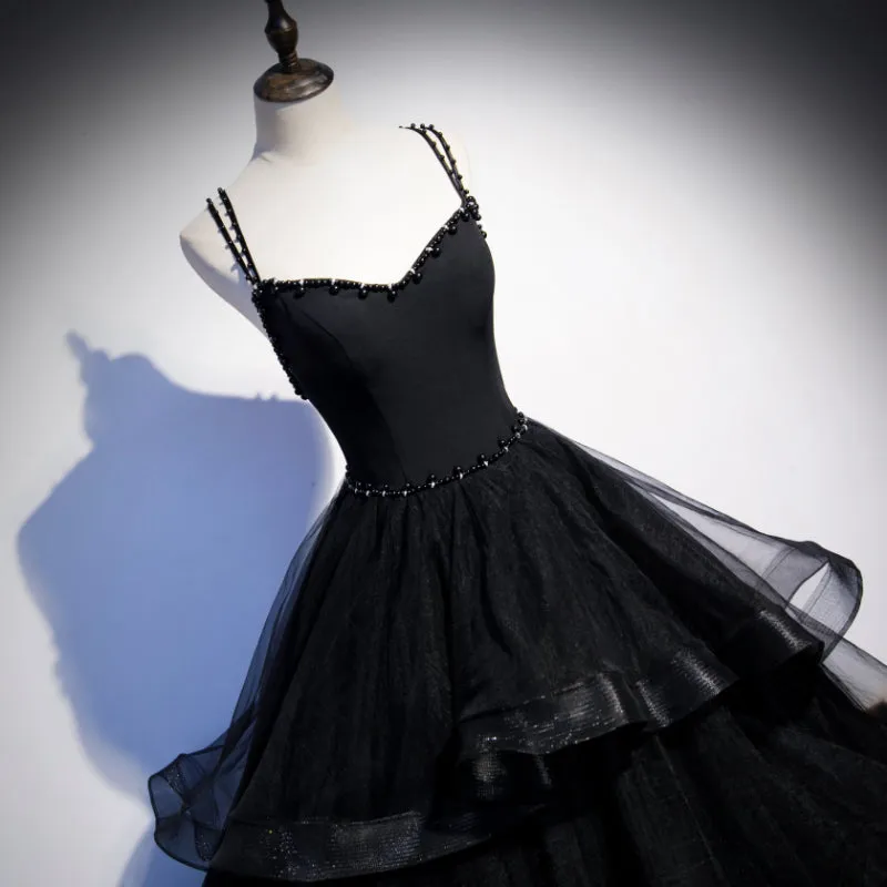 Black Tulle Layers Straps Beaded Long Evening Dress, Black Formal Dress Prom Dress