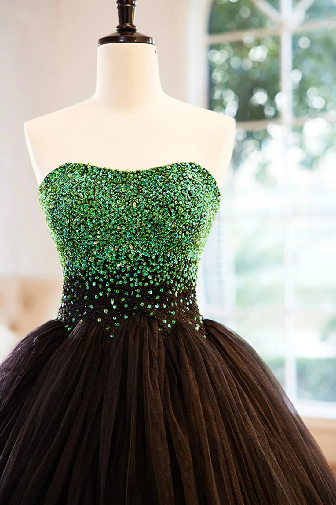 Black Tulle Long Formal Dress with Green Beaded, Black Strapless Prom Dress