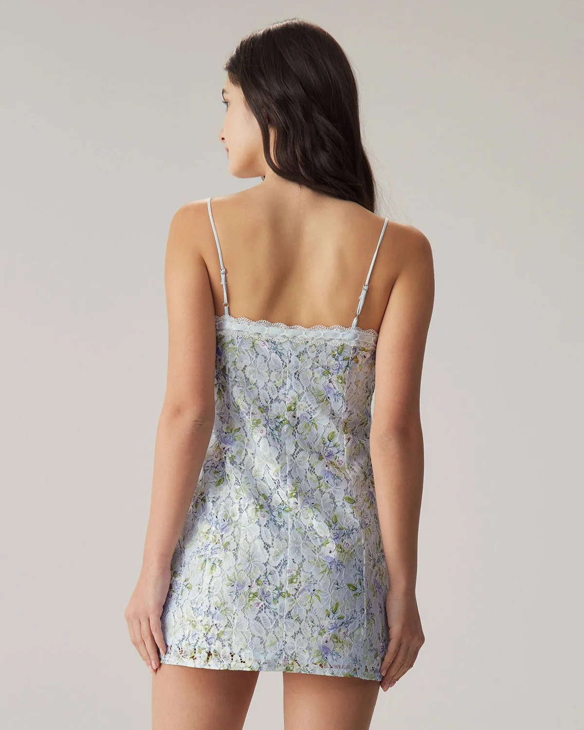 Blue Floral Lace Slip Mini Dress