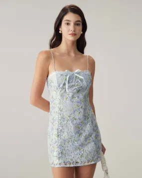 Blue Floral Lace Slip Mini Dress