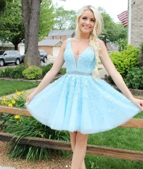 Blue v neck tulle lace short prom dress, blue tulle homecoming dress