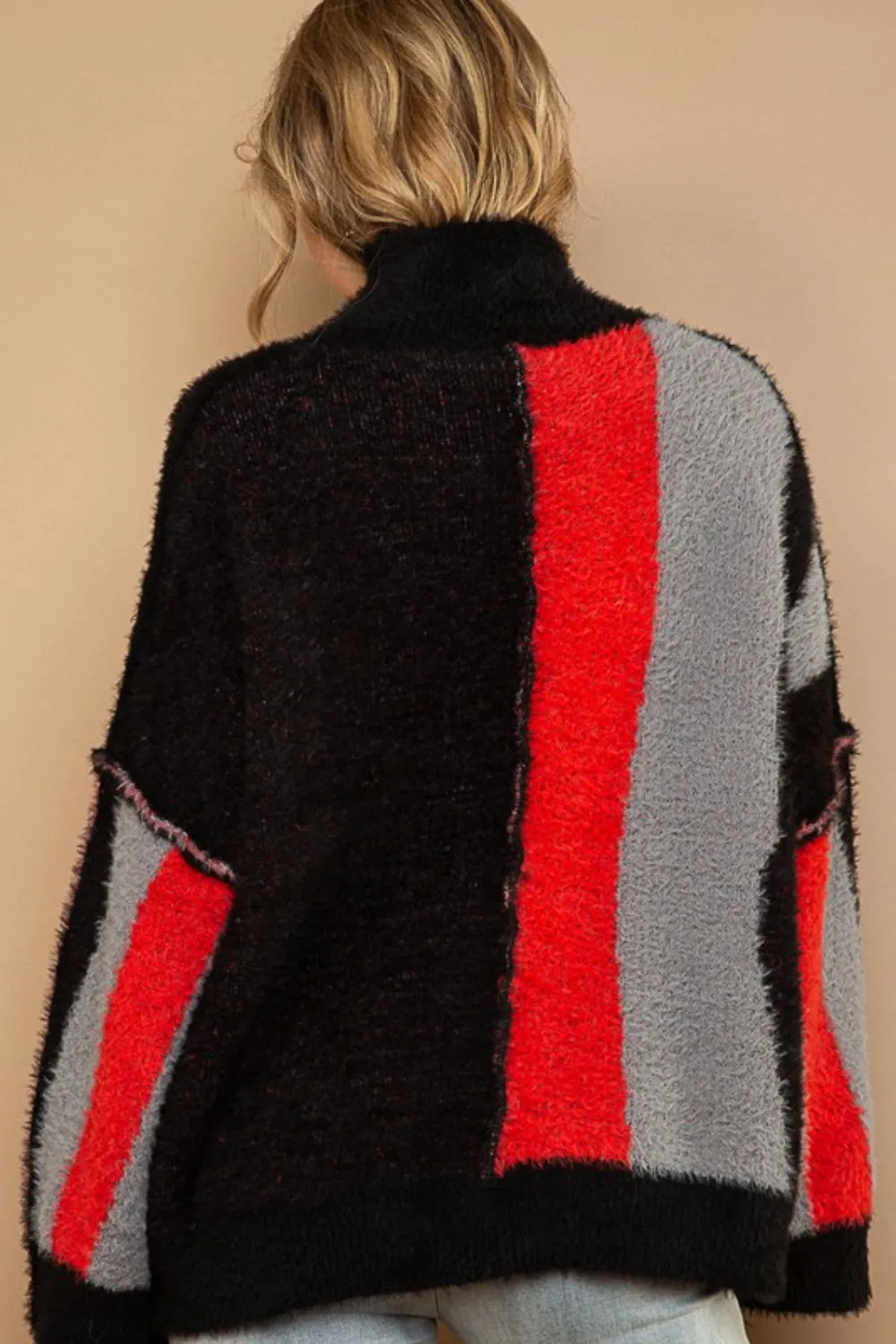 Blue Zone Planet |  POL Turtleneck Color Block Fringe Detail Sweater