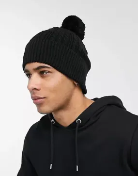 Bobble beanie in black cable knit