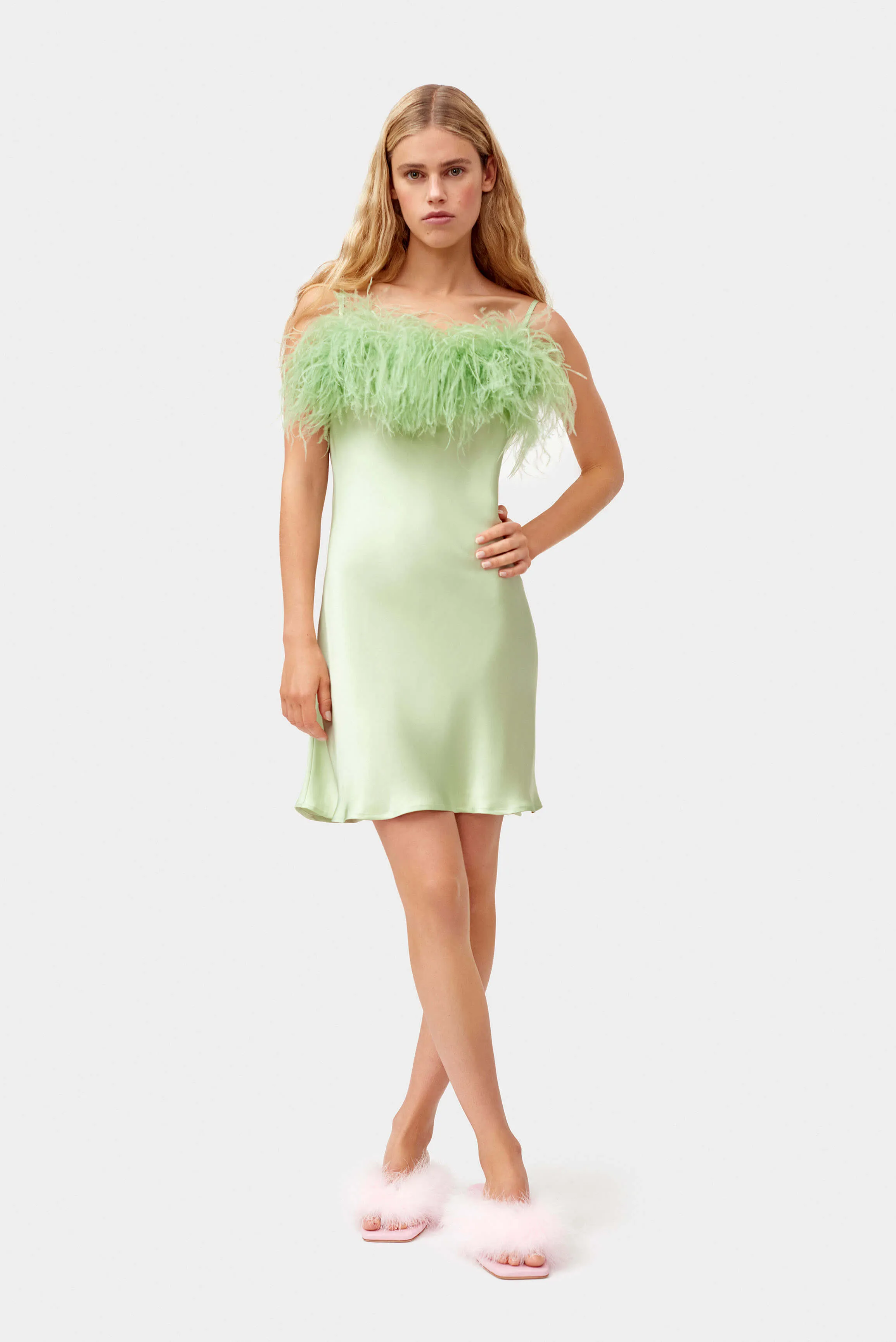 Boheme Mini Slip Dress with Feathers in Mint