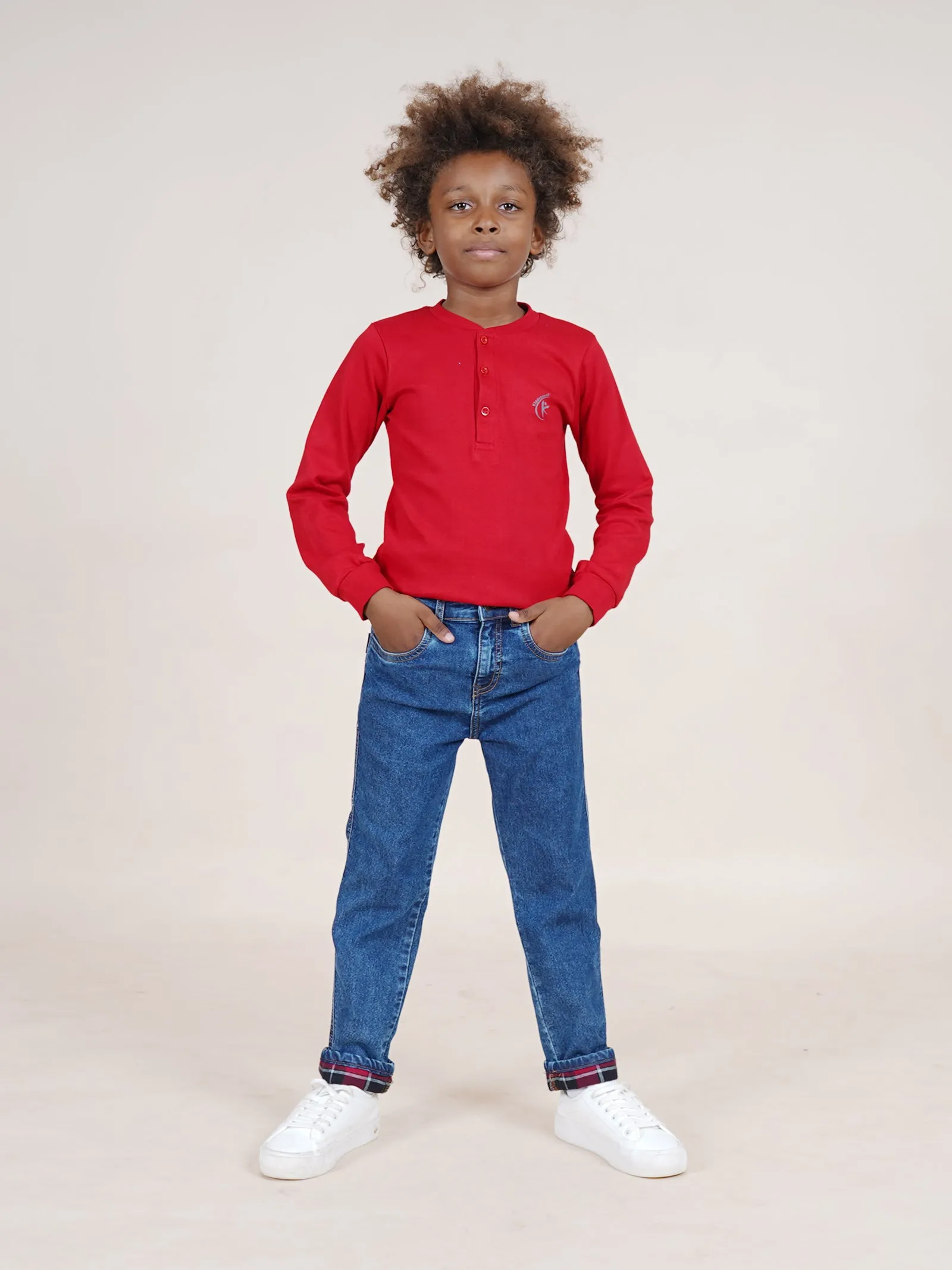 Boys Cotton Solid Full Sleeves Henley Neck Tee & Denim Jeans With Contrast Red Checks Bottom Hem Roll Up