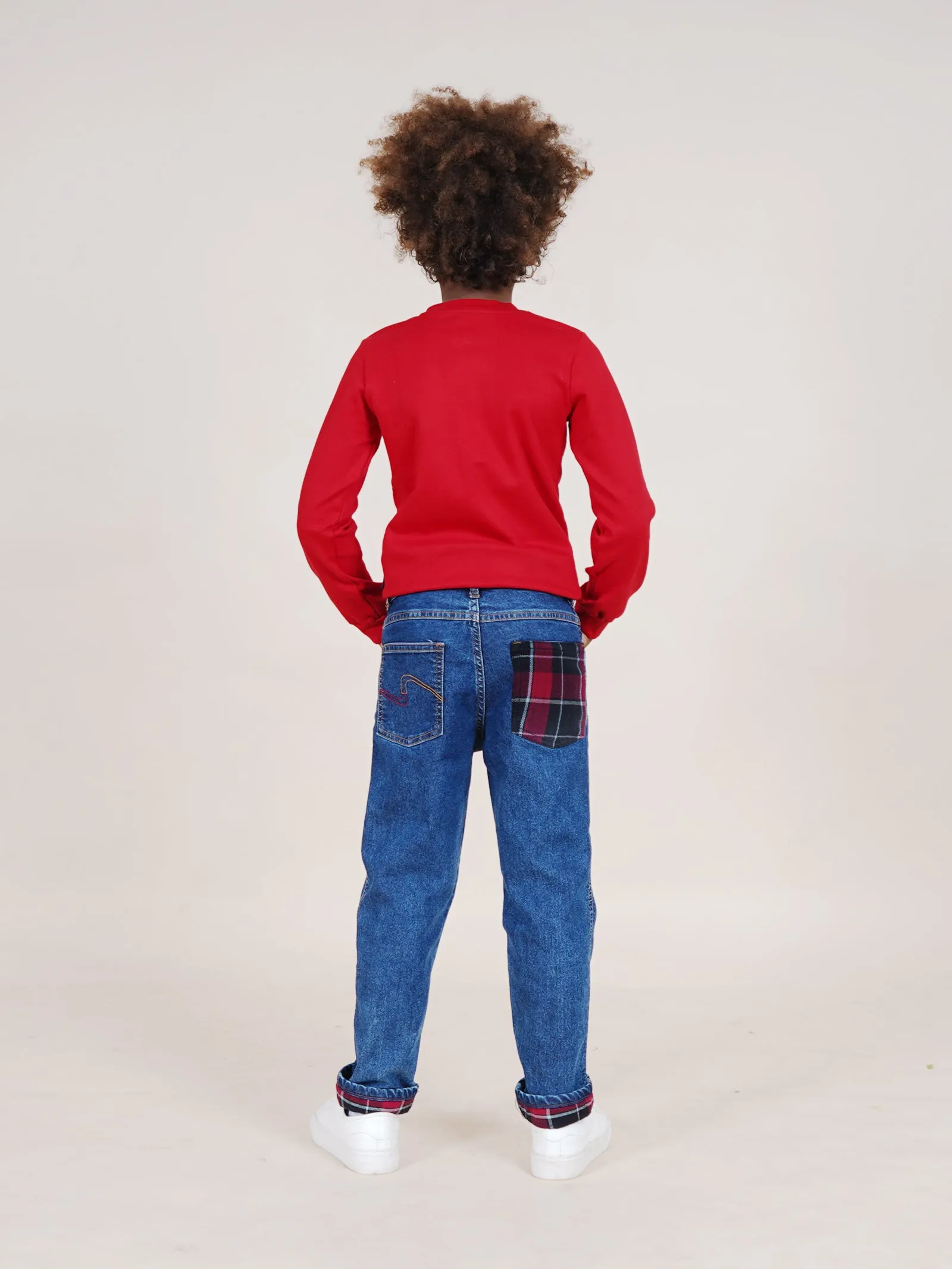 Boys Cotton Solid Full Sleeves Henley Neck Tee & Denim Jeans With Contrast Red Checks Bottom Hem Roll Up