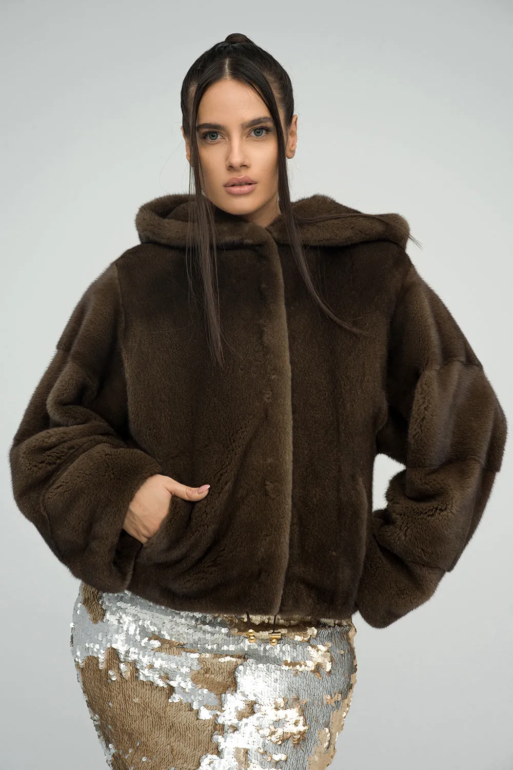 Brown Fluffy Hooded Mink Fur Coat